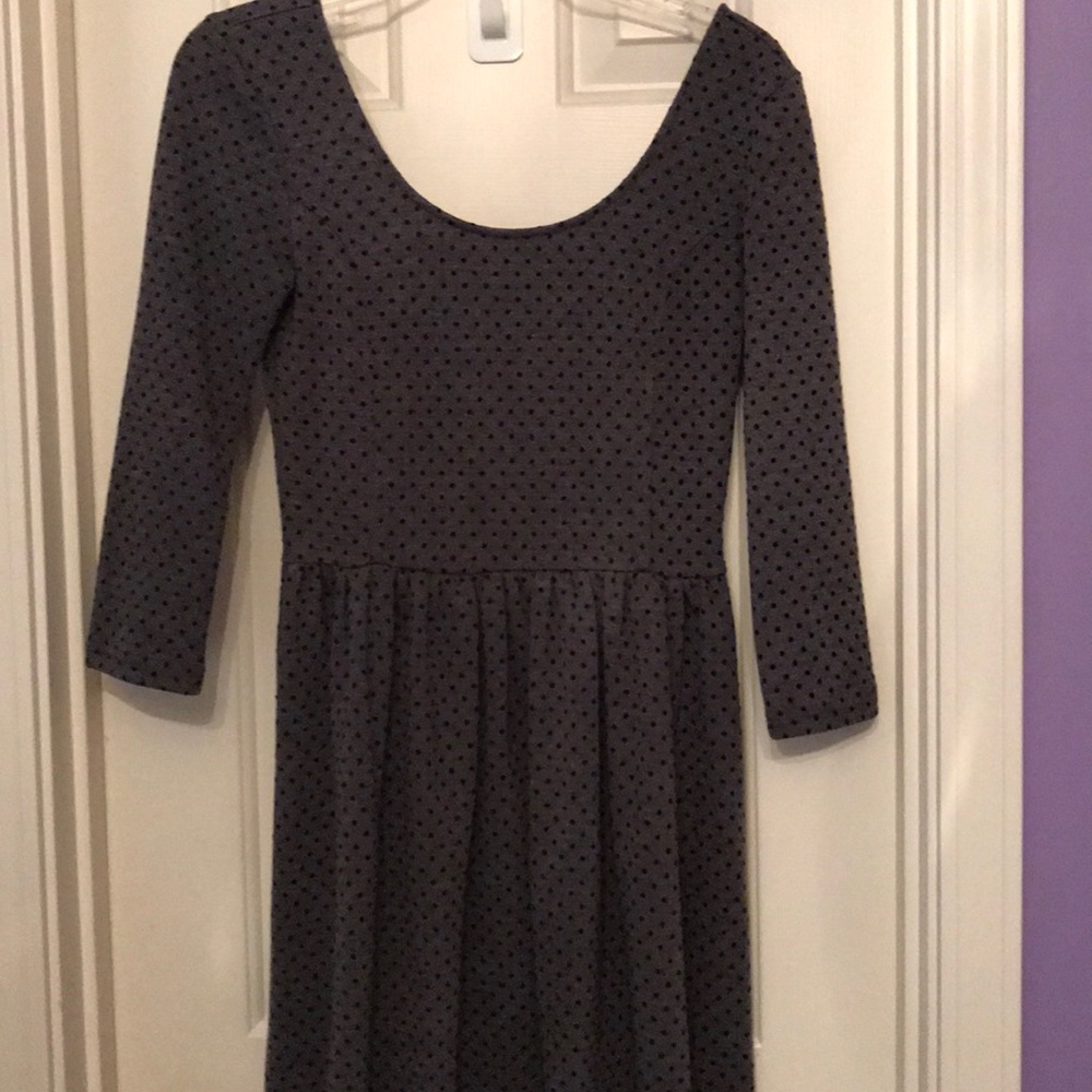 Grey long sleeve dress with black polka dots